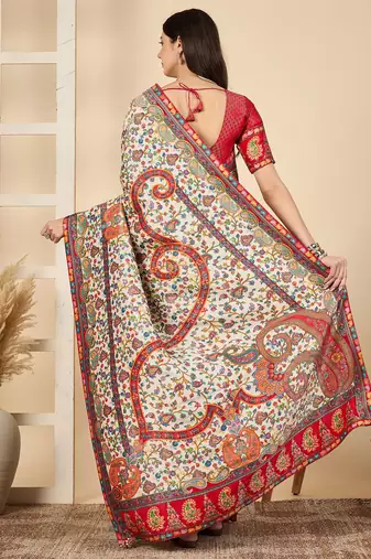 Cream ethnic motifs embroidered banarasi saree
