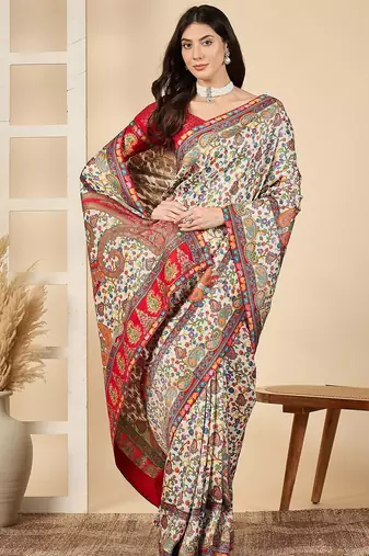 Cream ethnic motifs embroidered banarasi saree
