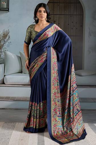 Navy blue chettinad saree with blouse piece