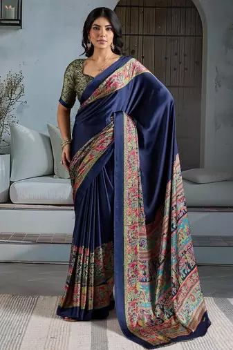 Navy blue chettinad saree with blouse piece