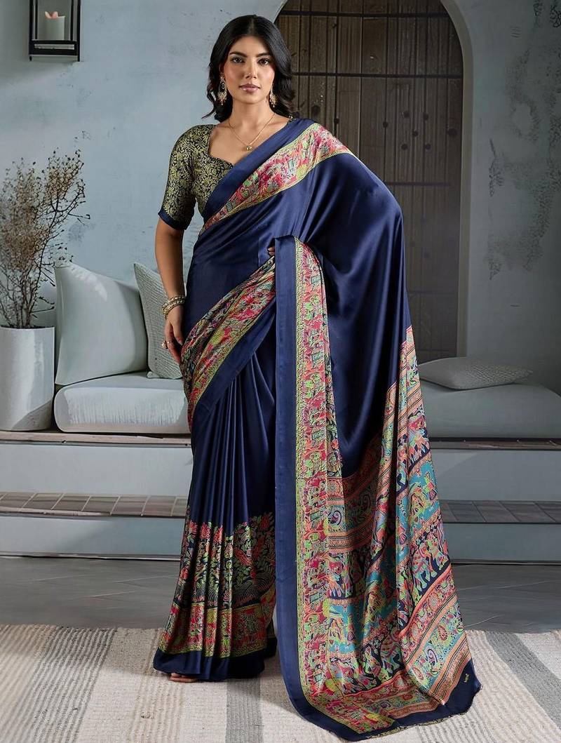 Navy blue chettinad saree with blouse piece