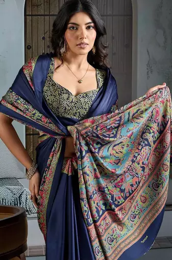 Navy blue chettinad saree with blouse piece