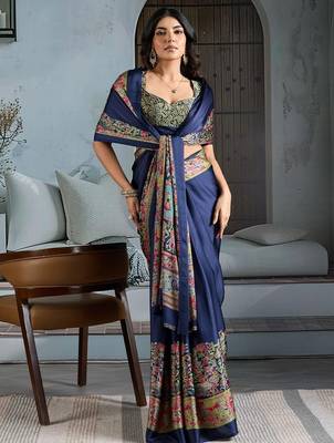 Navy blue chettinad saree with blouse piece 3