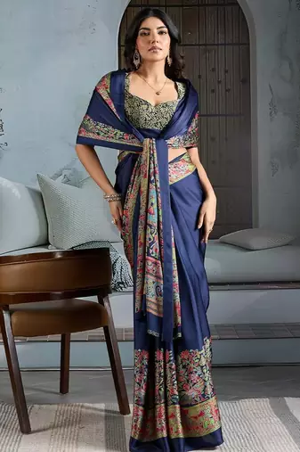 Navy blue chettinad saree with blouse piece