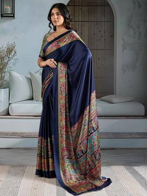 Navy blue chettinad saree with blouse piece 4