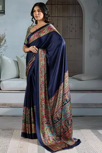 Navy blue chettinad saree with blouse piece