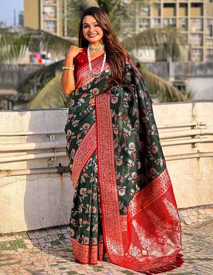 Green woven design zari  banarasi saree 1