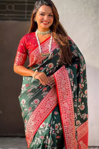 Green woven design zari  banarasi saree