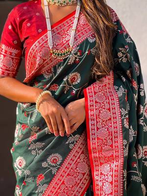 Green woven design zari  banarasi saree 5