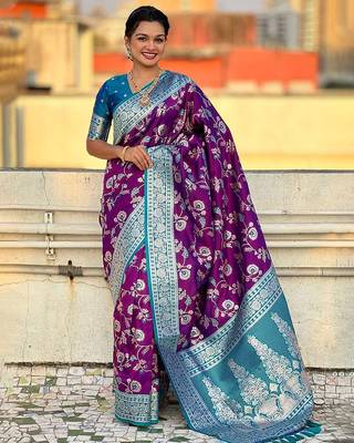 Purple woven design zari silk blend banarasi saree 1