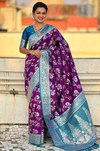 Purple woven design zari silk blend banarasi saree
