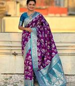 Purple woven design zari silk blend banarasi saree
