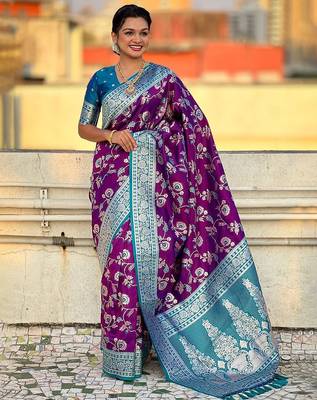Purple woven design zari silk blend banarasi saree 2