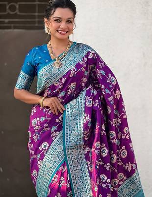 Purple woven design zari silk blend banarasi saree 3