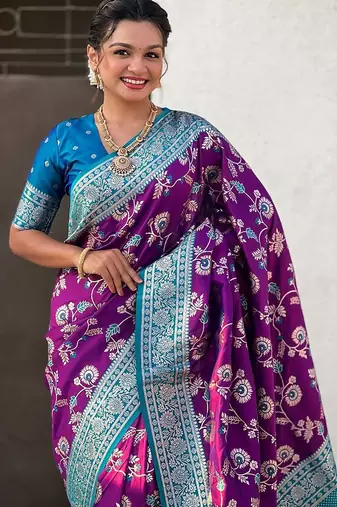 Purple woven design zari silk blend banarasi saree