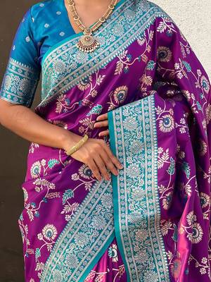 Purple woven design zari silk blend banarasi saree 4