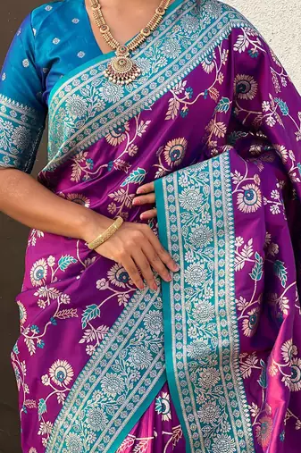 Purple woven design zari silk blend banarasi saree