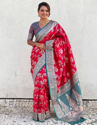 Pink woven design zari banarasi saree 1
