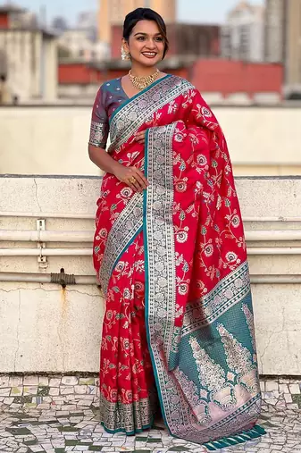 Pink woven design zari banarasi saree