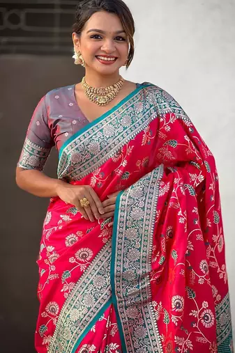 Pink woven design zari banarasi saree