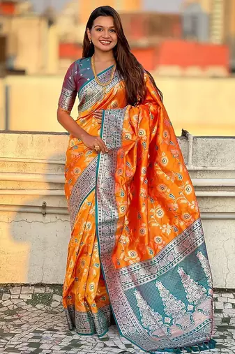Orange woven design zari banarasi saree