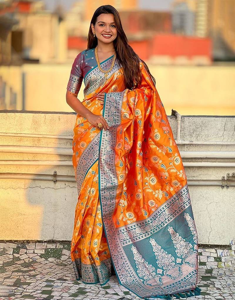 Orange woven design zari banarasi saree