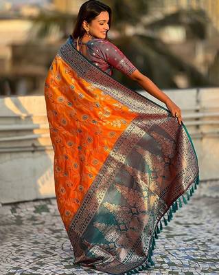 Orange woven design zari banarasi saree 2