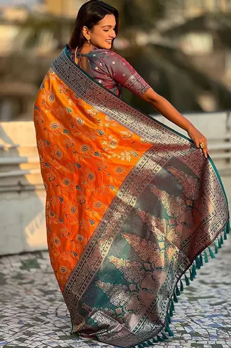 Orange woven design zari banarasi saree