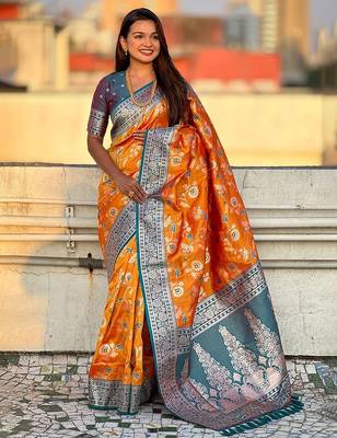 Orange woven design zari banarasi saree 3