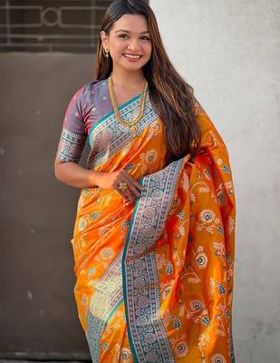 Orange woven design zari banarasi saree 4
