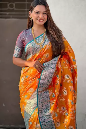 Orange woven design zari banarasi saree