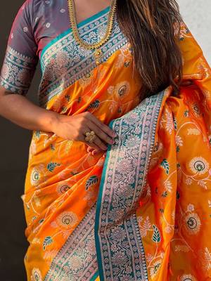 Orange woven design zari banarasi saree 5