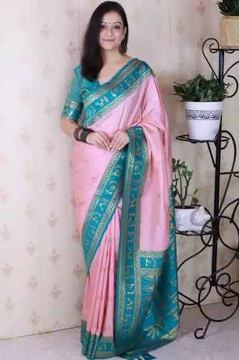Pink ethnic motifs zari silk blend banarasi saree