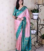 Pink ethnic motifs zari silk blend banarasi saree