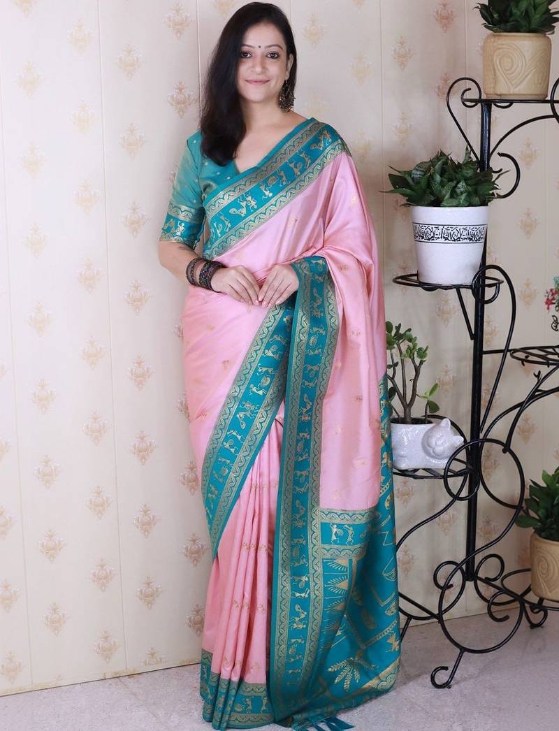 Pink ethnic motifs zari silk blend banarasi saree