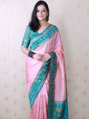 Pink ethnic motifs zari silk blend banarasi saree 2