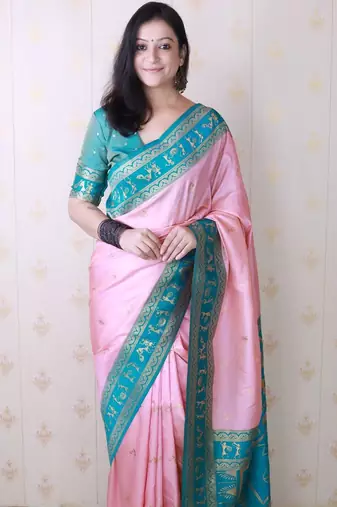 Pink ethnic motifs zari silk blend banarasi saree