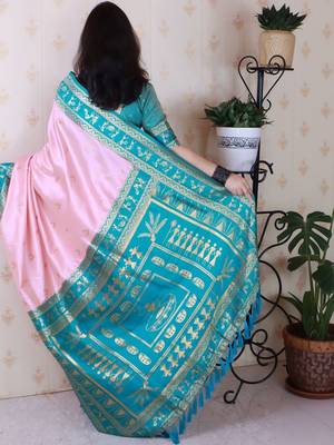 Pink ethnic motifs zari silk blend banarasi saree 3
