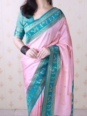 Pink ethnic motifs zari silk blend banarasi saree 4