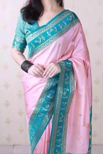 Pink ethnic motifs zari silk blend banarasi saree