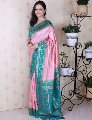 Pink ethnic motifs zari silk blend banarasi saree 5