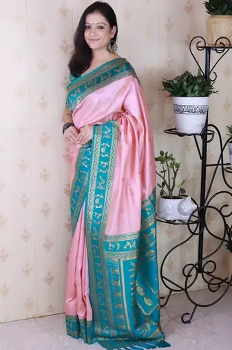 Pink ethnic motifs zari silk blend banarasi saree