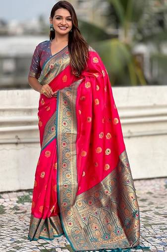 Pink woven design zari silk blend banarasi saree