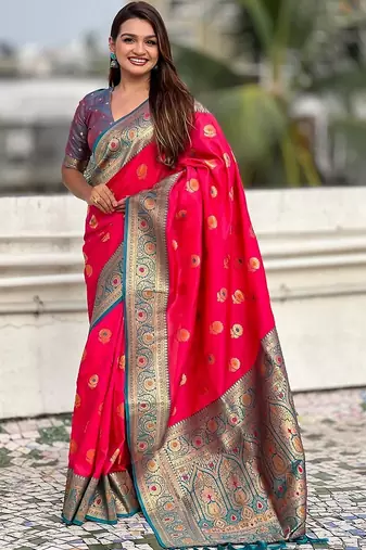 Pink woven design zari silk blend banarasi saree