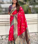 Pink woven design zari silk blend banarasi saree