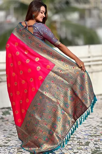 Pink woven design zari silk blend banarasi saree
