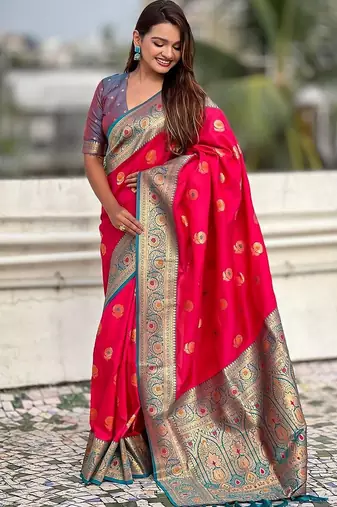 Pink woven design zari silk blend banarasi saree