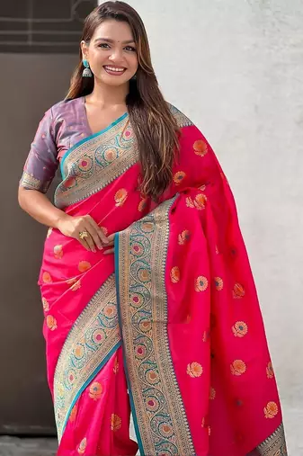 Pink woven design zari silk blend banarasi saree