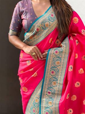 Pink woven design zari silk blend banarasi saree 5