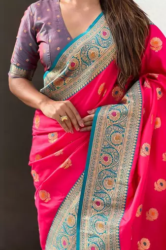 Pink woven design zari silk blend banarasi saree
